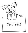 Coloring pages: farm animals. Little cute smiling pig with the banner. Royalty Free Stock Photo